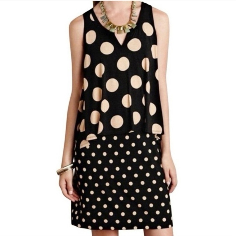 Anthropologie Maeve NWOT Polka Dot Tiered Layered Sleeveless Dress Black Tan Med